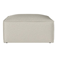 Neutral beige upholstered ottoman with subtle textured pattern, perfect for modern home decor.