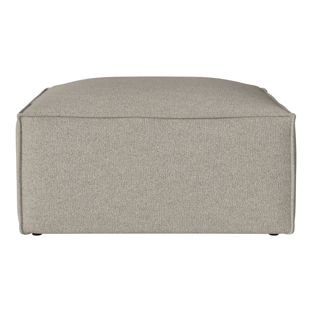 Light gray upholstered ottoman with a textured, solid pattern, perfect for modern living spaces.