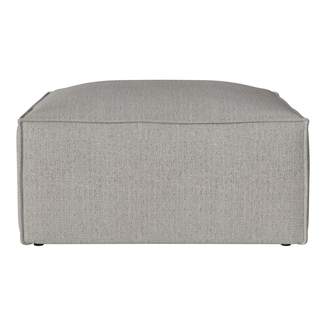 Gray upholstered ottoman with a textured fabric and minimalist design, perfect for modern interiors.
