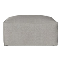 Gray upholstered ottoman with a textured fabric and minimalist design, perfect for modern interiors.