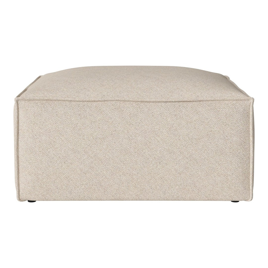 Beige, textured fabric square ottoman with a simple, modern design and clean lines. Perfect for any decor style.