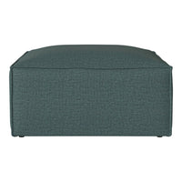 Teal fabric pouf with a textured pattern, ideal for modern living spaces.