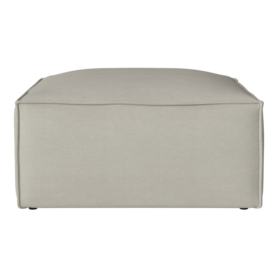 Light gray ottoman with a smooth fabric texture and subtle vertical stitching details, perfect for modern decor.
