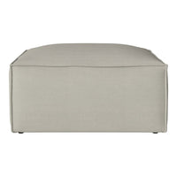 Light gray ottoman with a smooth fabric texture and subtle vertical stitching details, perfect for modern decor.