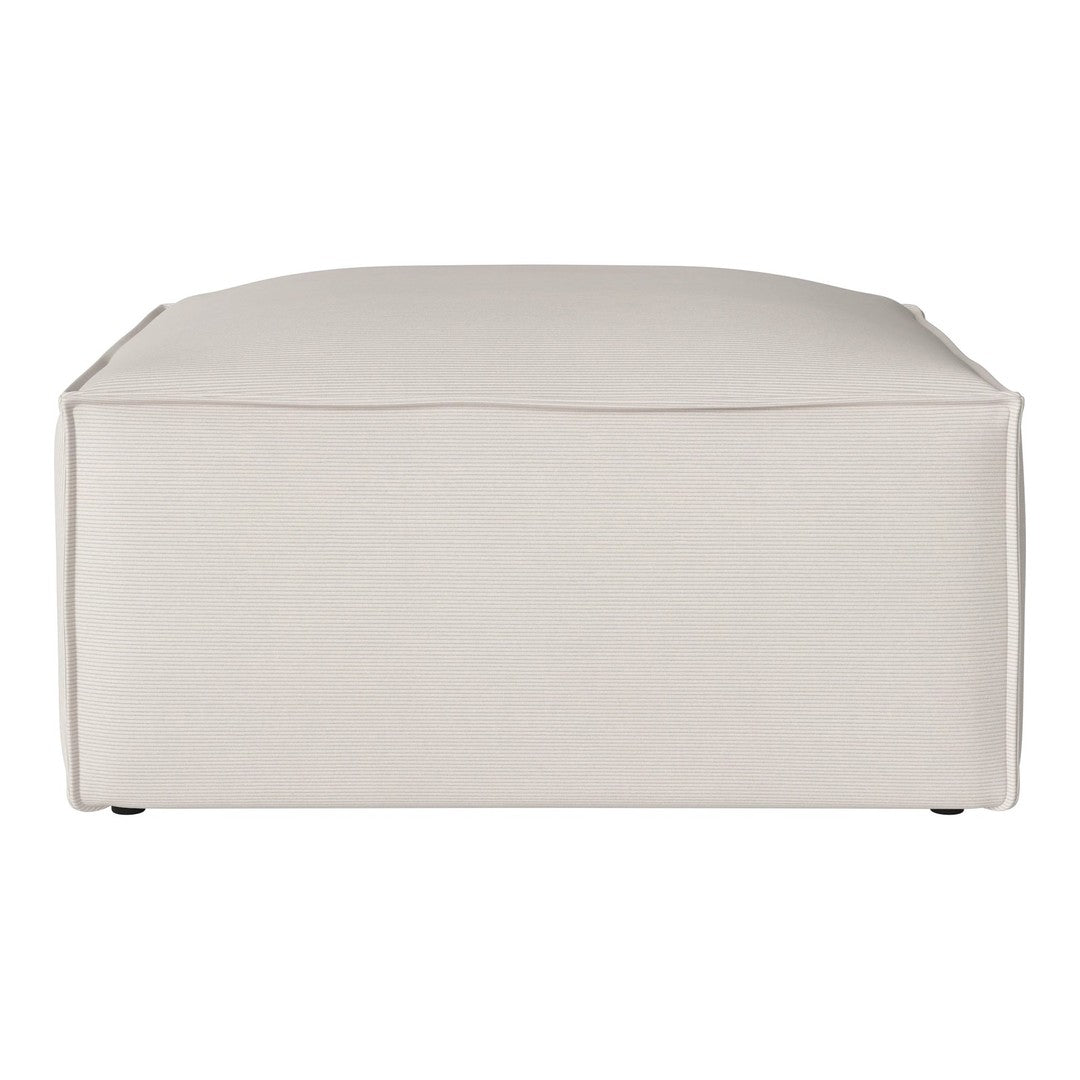 Cream-colored, minimalistic square ottoman with sleek, solid fabric design. Perfect for modern decor.