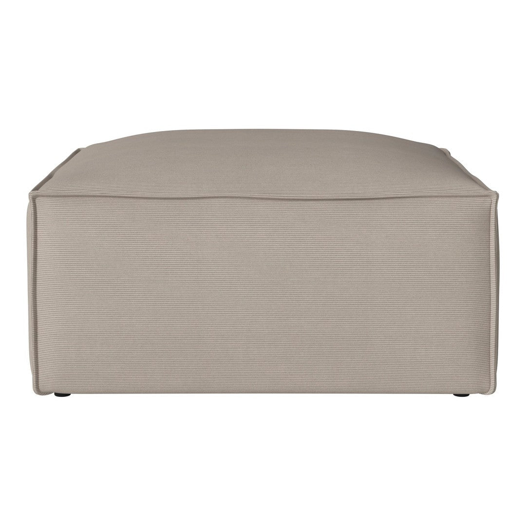Beige upholstered ottoman with a smooth, solid fabric surface and clean, contemporary lines.
