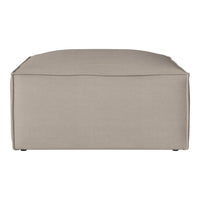 Beige upholstered ottoman with a smooth, solid fabric surface and clean, contemporary lines.
