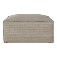 Beige striped ottoman with a simple, modern design, perfect for adding texture to any living space.