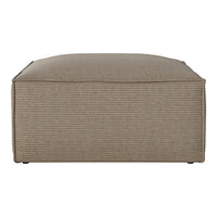 Neutral beige ottoman with subtle vertical striped pattern for a modern touch. Perfect for any living space.