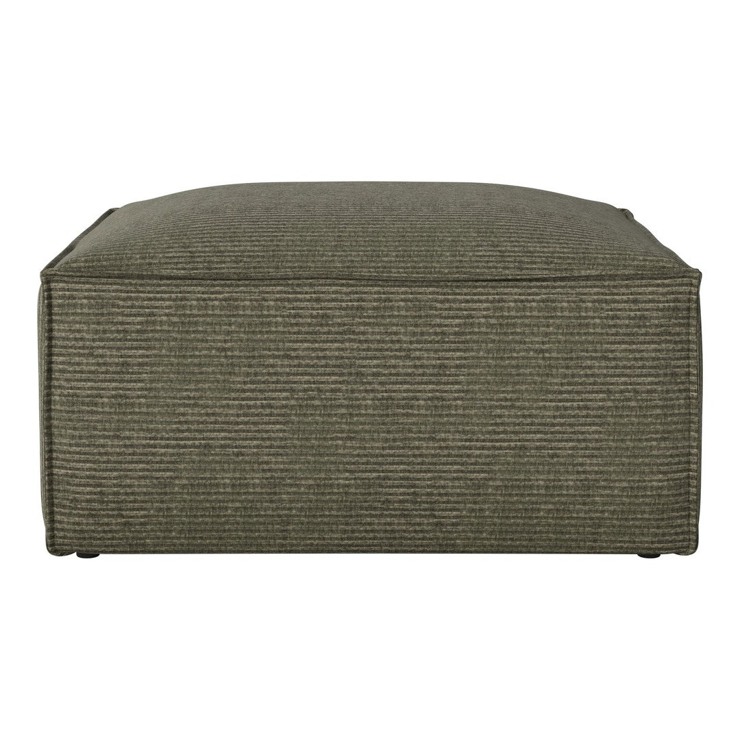 Olive green striped pouf with a minimalist design, perfect for modern decor.