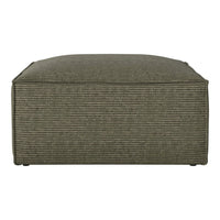 Olive green striped pouf with a minimalist design, perfect for modern decor.