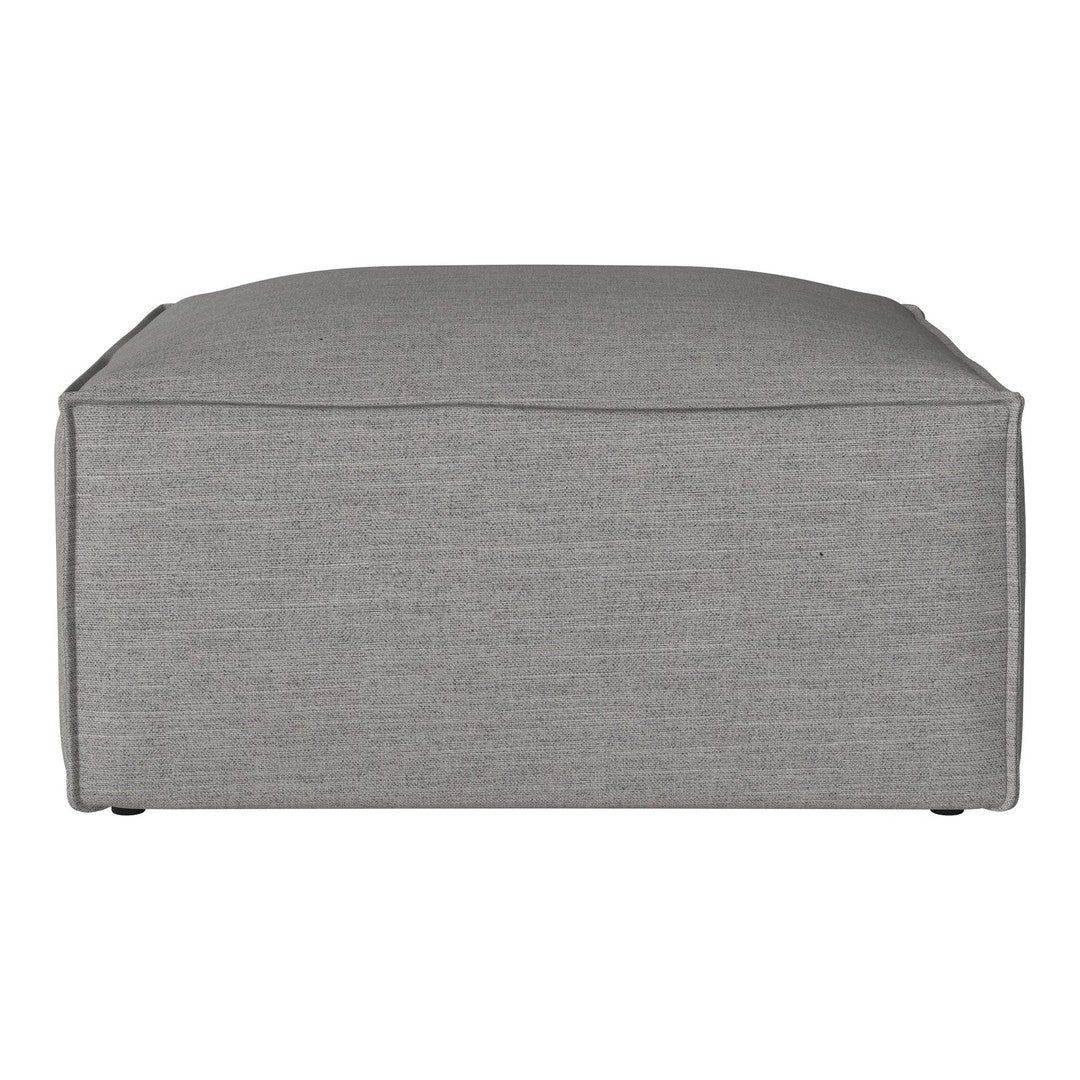 Gray square ottoman with a textured fabric pattern, perfect for modern decor.