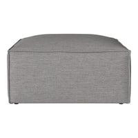 Gray square ottoman with a textured fabric pattern, perfect for modern decor.