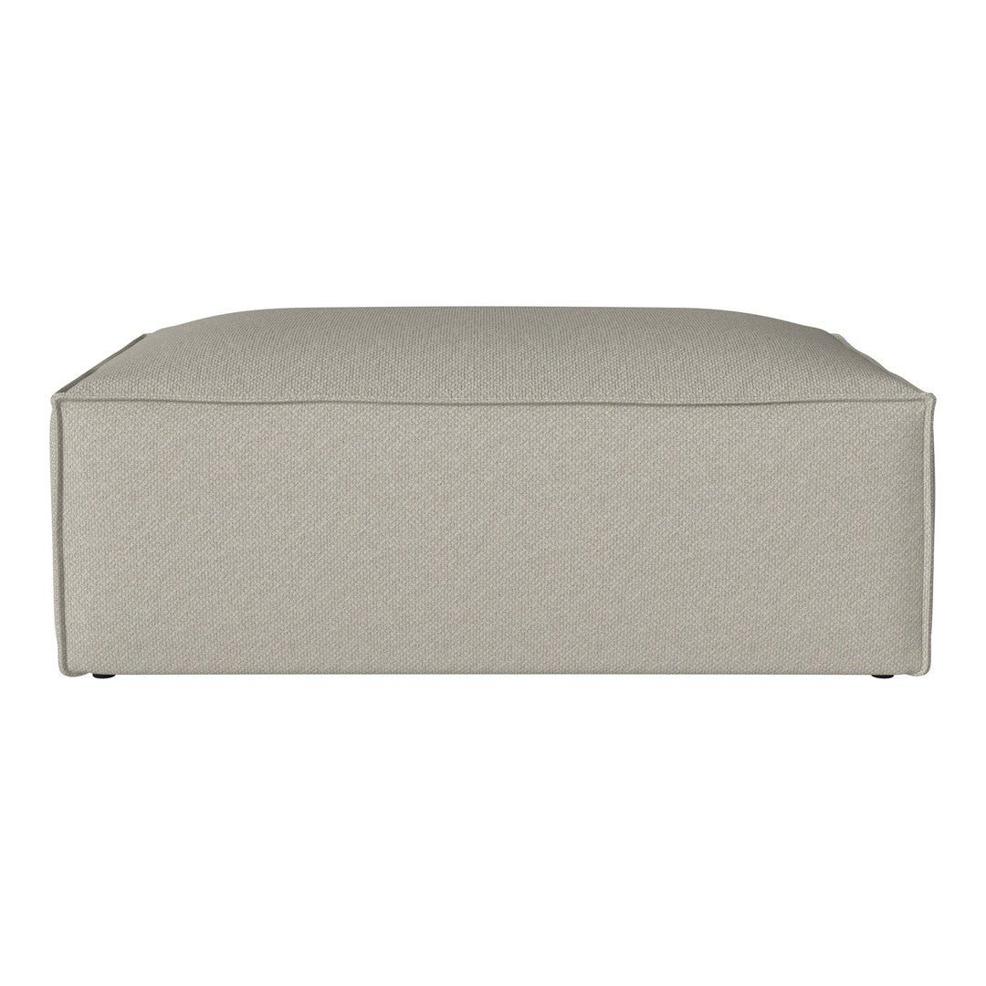 Neutral beige upholstered ottoman with a smooth, contemporary design. Ideal for modern living spaces.