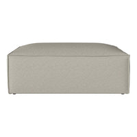 Neutral beige upholstered ottoman with a smooth, contemporary design. Ideal for modern living spaces.