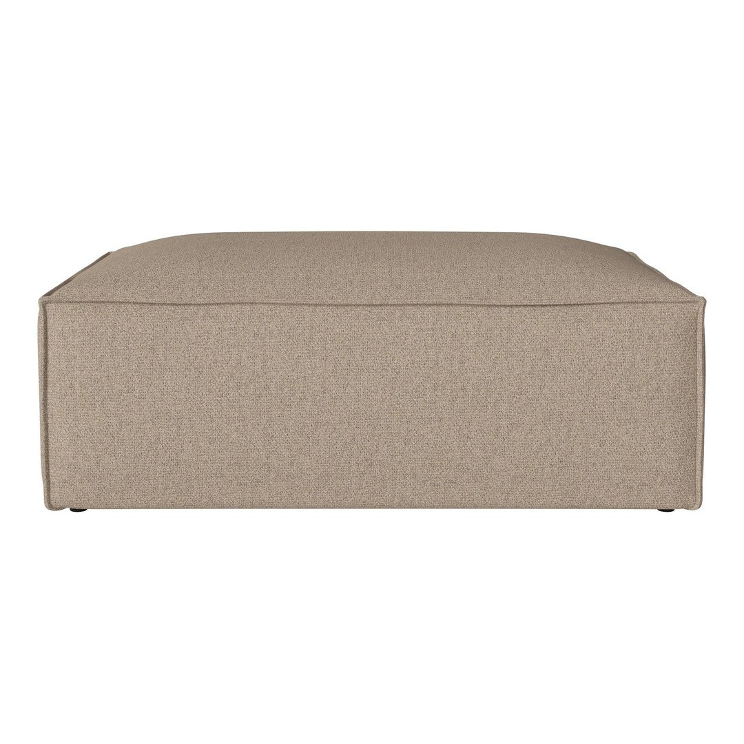 Beige upholstered ottoman with a sleek, minimalist design and smooth texture. Perfect for modern decor.