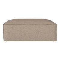 Beige upholstered ottoman with a sleek, minimalist design and smooth texture. Perfect for modern decor.