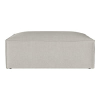 "Light gray upholstered ottoman with a smooth, solid pattern, perfect for modern decor."