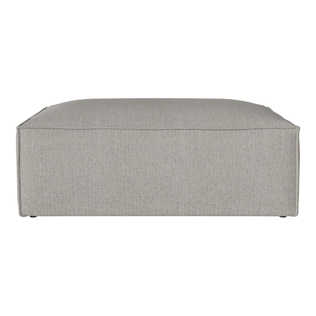 Gray upholstered ottoman with a seamless, minimalist design and subtle texture. Ideal for modern decor.