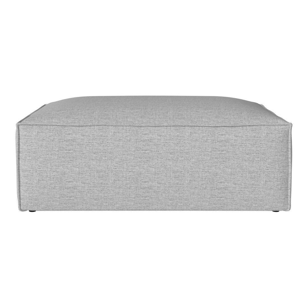Light gray upholstered ottoman with a textured fabric finish, featuring a modern and minimalist design.