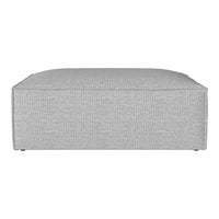 Light gray upholstered ottoman with a textured fabric finish, featuring a modern and minimalist design.