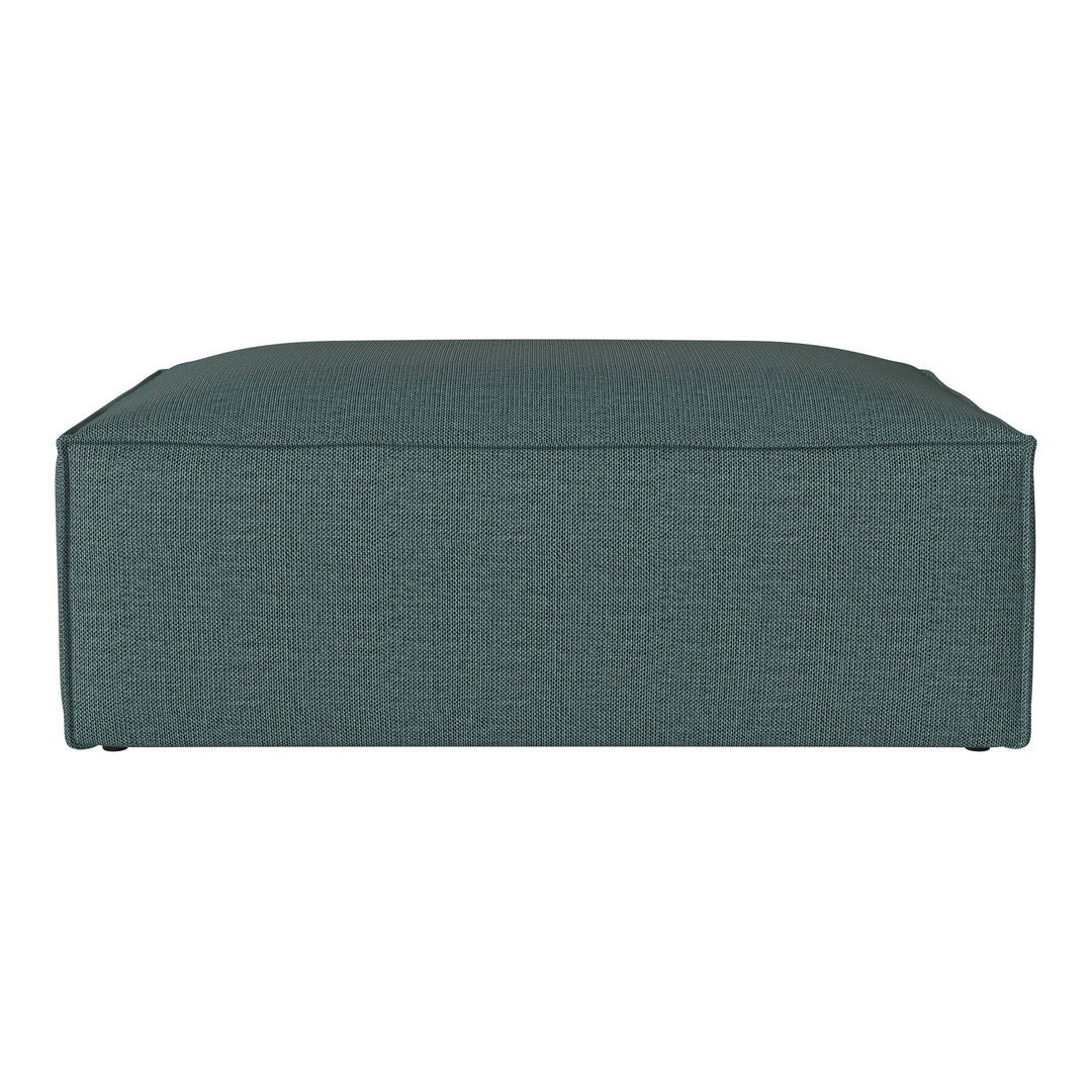 Teal textured ottoman with a sleek, modern design, perfect for stylish living spaces.