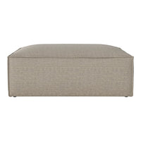 Beige rectangular ottoman with subtle striped texture, perfect for modern decor and versatile seating.