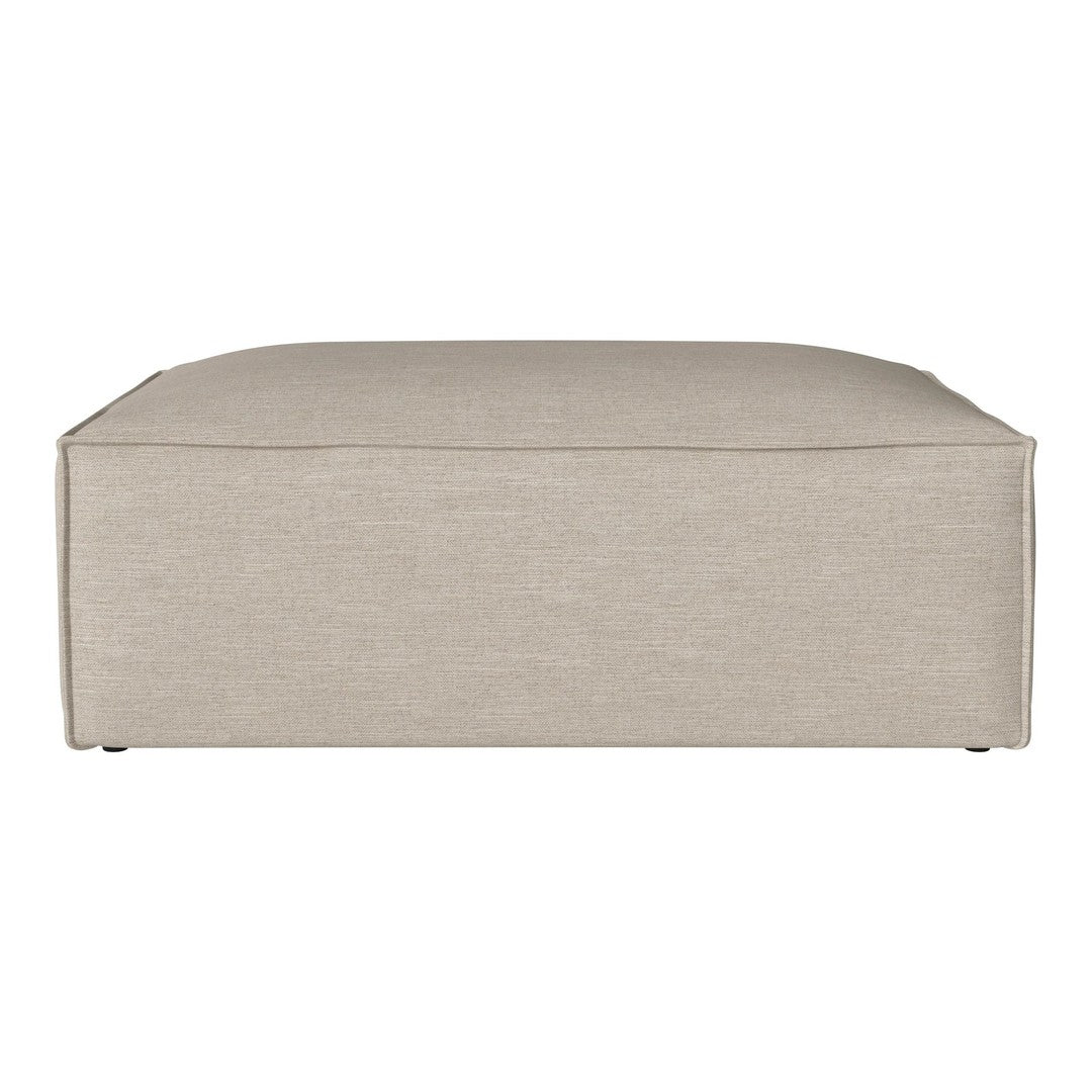 Beige upholstered ottoman in a simple, clean design with a subtle texture. Perfect for versatile home decor.