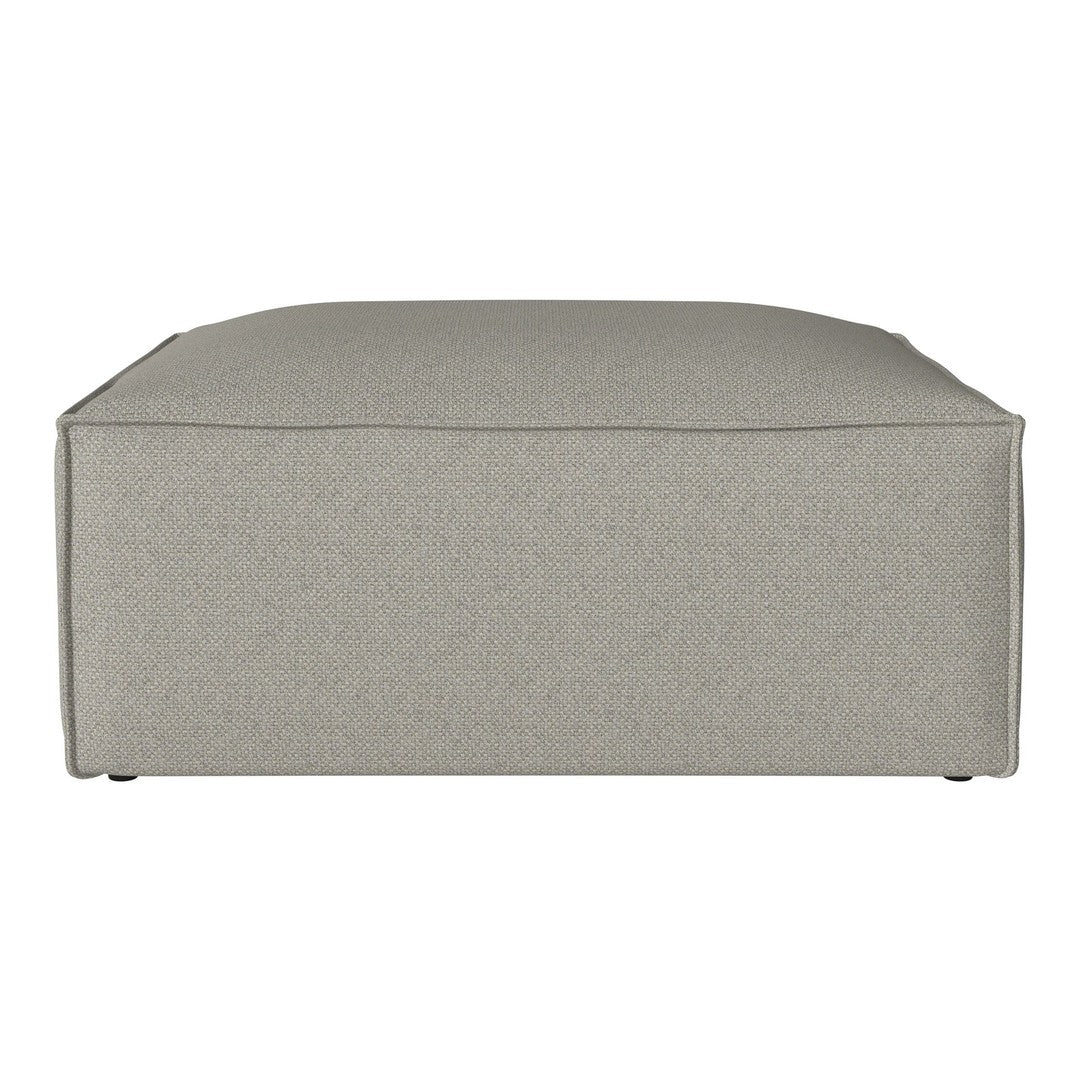 Gray upholstered ottoman with a sleek, minimalist design and subtle textured pattern. Ideal for modern decor.