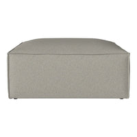 Gray upholstered ottoman with a sleek, minimalist design and subtle textured pattern. Ideal for modern decor.