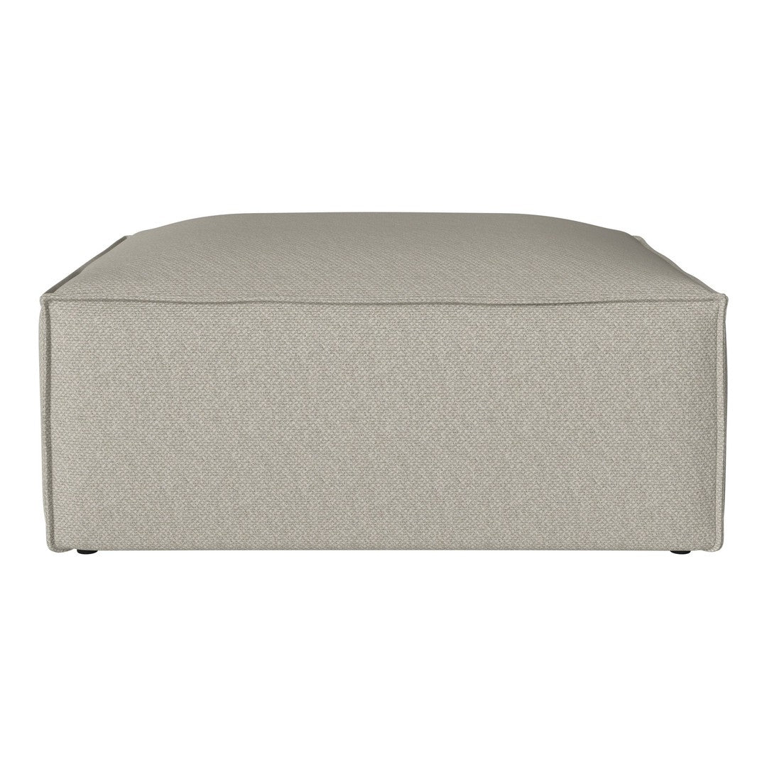 Beige square ottoman with a smooth, seamless fabric surface and subtle texture, perfect for modern decor.