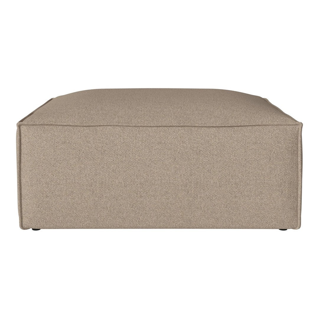 Beige upholstered ottoman with a smooth, minimalistic design and no visible patterns. Perfect for modern decor.
