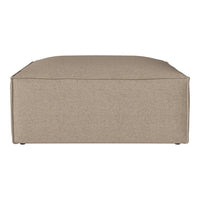 Beige upholstered ottoman with a smooth, minimalistic design and no visible patterns. Perfect for modern decor.