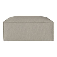 Light grey square ottoman with a smooth, textured fabric finish, ideal for versatile home decor.
