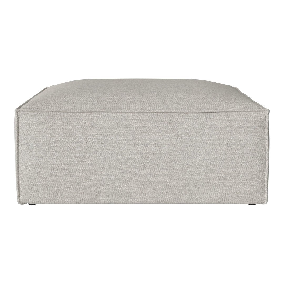 Light gray square ottoman with a smooth, textured fabric and minimalist design, perfect for modern decor.