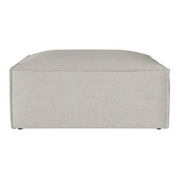 Light gray square ottoman with a smooth, textured fabric and minimalist design, perfect for modern decor.