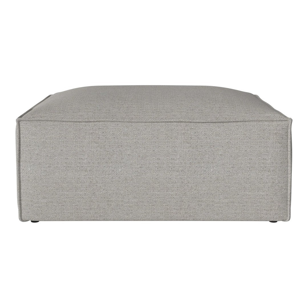 Light gray upholstered ottoman with a smooth, minimalist design and subtle texture pattern. Perfect for any decor style.