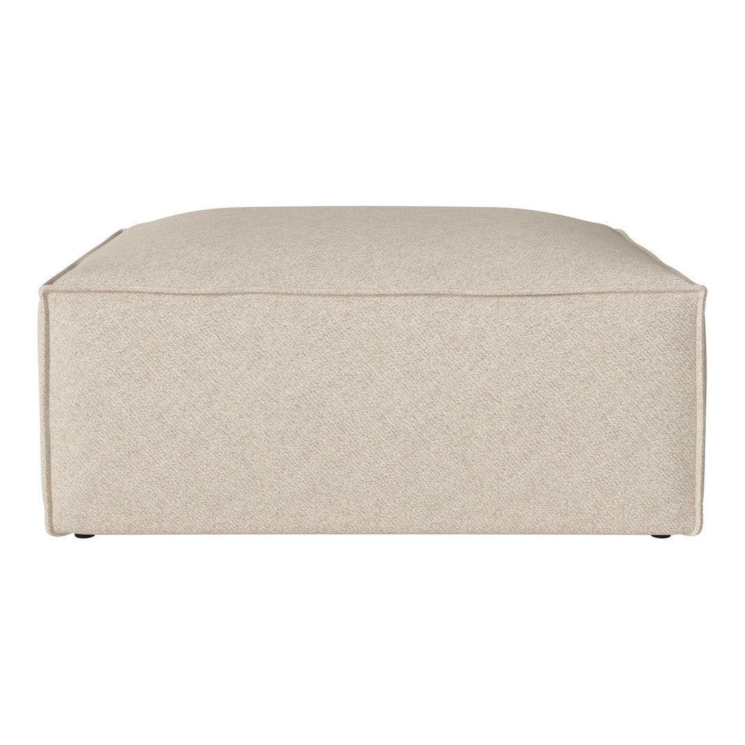 Beige upholstered ottoman with a subtle textured pattern, offering a modern and minimalist design.