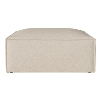 Beige upholstered ottoman with a subtle textured pattern, offering a modern and minimalist design.