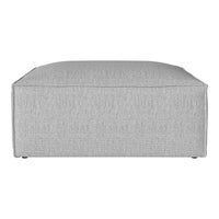 Light gray upholstered ottoman with a subtle textured pattern, perfect for modern living spaces.