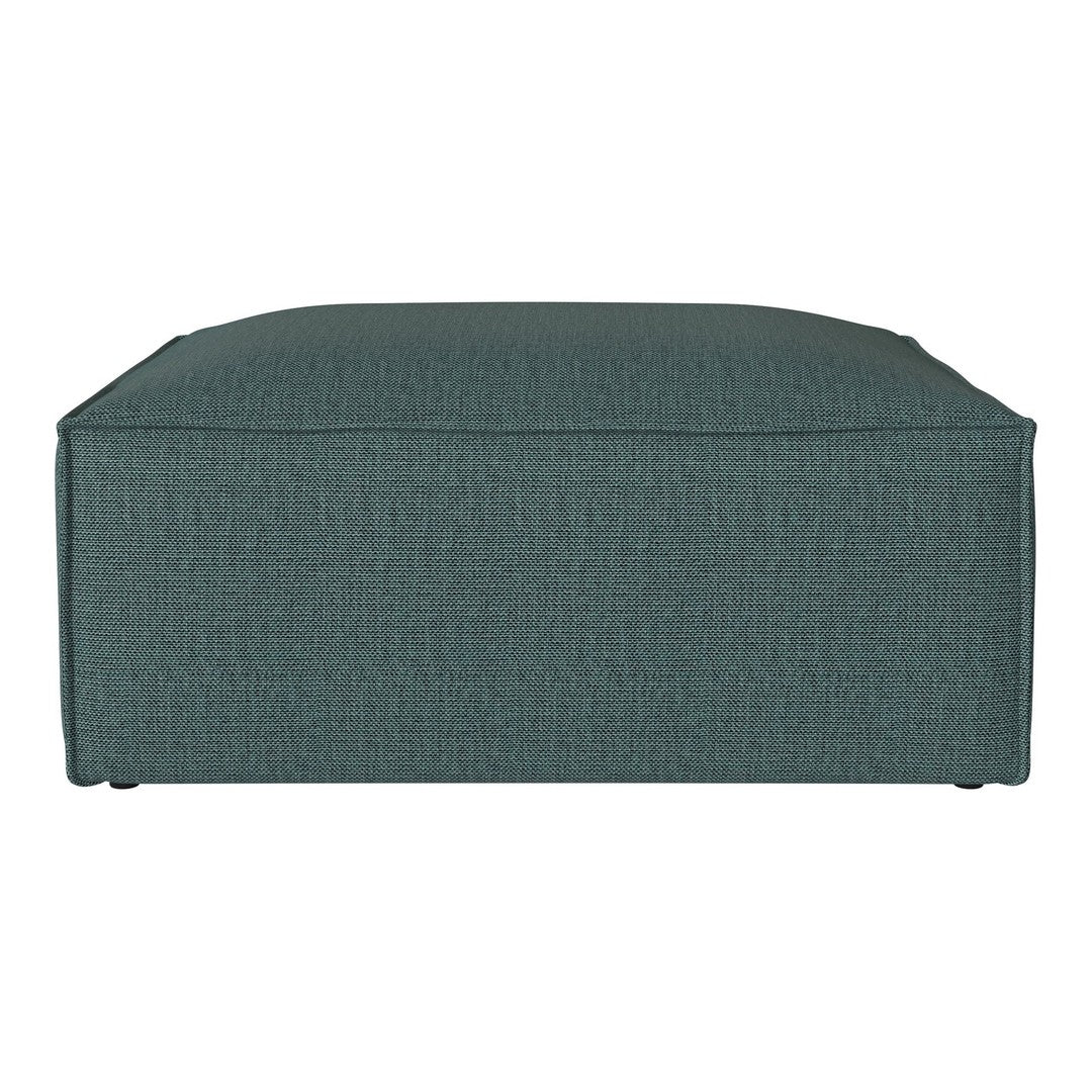 Teal textured ottoman with a rectangular shape and subtle geometric pattern, perfect for modern decor.