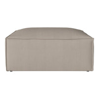 Beige upholstered ottoman with a minimalist design and smooth, solid surface. Perfect for modern decor.