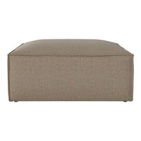 Beige striped ottoman with a clean, contemporary design. Soft texture perfect for any modern living space.