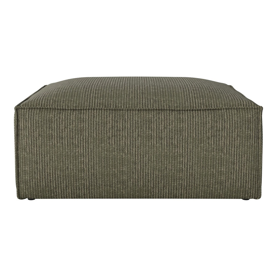 Green striped ottoman with a textured fabric, offering a modern touch to any living space.