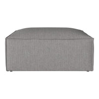 Gray upholstered ottoman with a subtle textured pattern, adding a modern touch to any space.