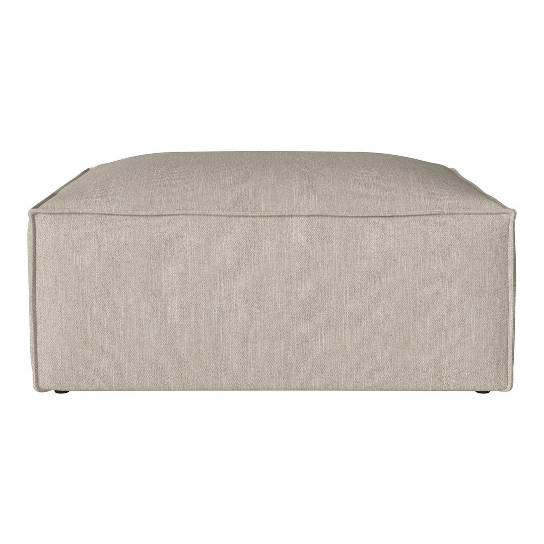 Beige upholstered ottoman with a smooth texture and minimalist design, perfect for modern decor.