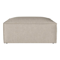 Beige upholstered ottoman with a smooth texture and minimalist design, perfect for modern decor.