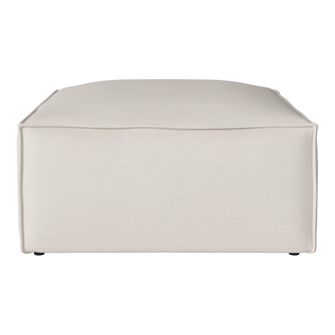 Beige, textured fabric ottoman with a minimalist, solid design, perfect for modern decor.