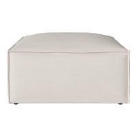 Beige, textured fabric ottoman with a minimalist, solid design, perfect for modern decor.