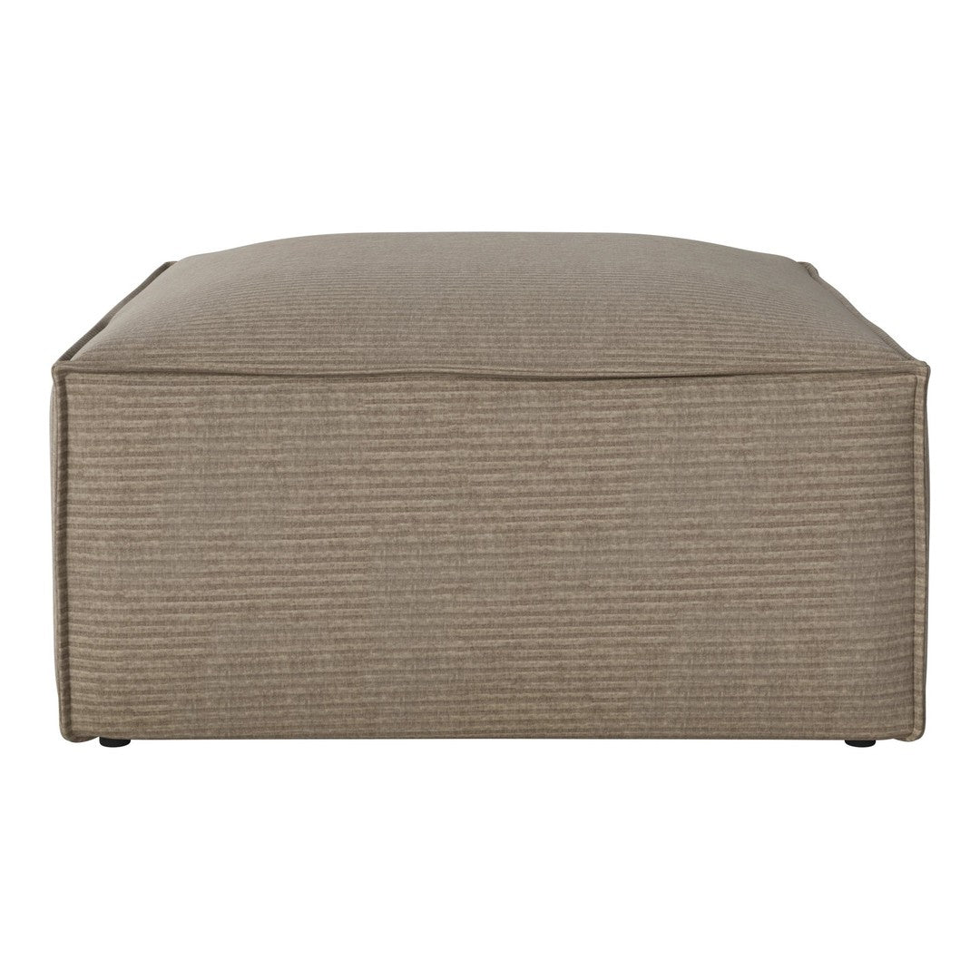 Beige striped ottoman with a sleek, modern design perfect for any living space.